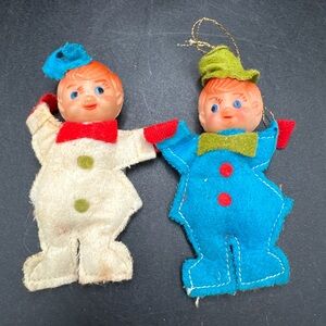 Vintage 1950s Lot of 2 Christmas Elf Pixie Plastic Face Felt Ornament
